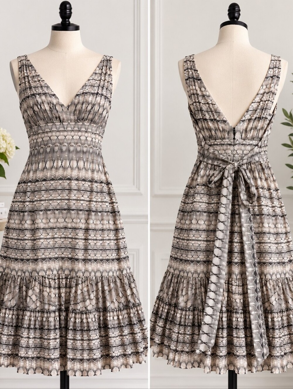 Ted Baker Size 4 Cotton Silk Dress V Neck Tiered Ruffle Abstract Print - Picture 4 of 13